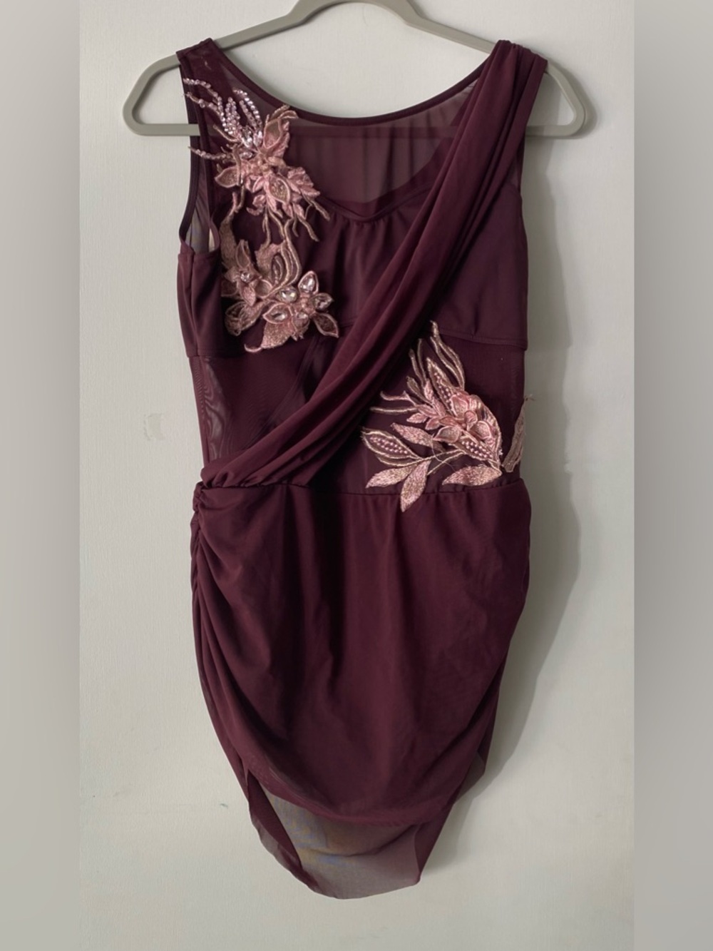 Balera Asymmetrical Mesh Drape Dress Raisin Red Applique Dance Costume